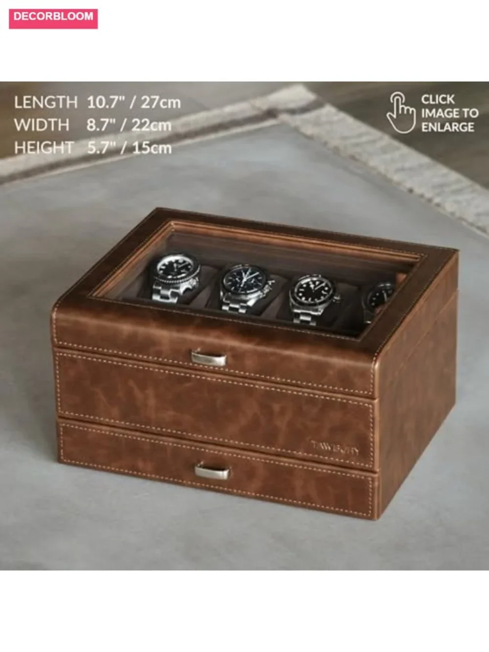 Faux Leather 8 Slot Watch Case with Storage Drawer for Men, Extra-Wide Pillows,